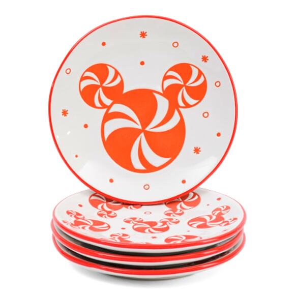 Disney MICKEY PEPPERMINT Appetizer Plates 6in Ceramic Set of 4 Holiday Red White - Picture 5 of 5